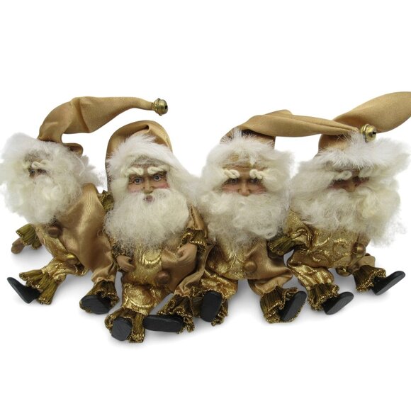 4 Small Gold Santa Claus Christmas Figurines With Beards and Jingle Bell Hats - Picture 2 of 14